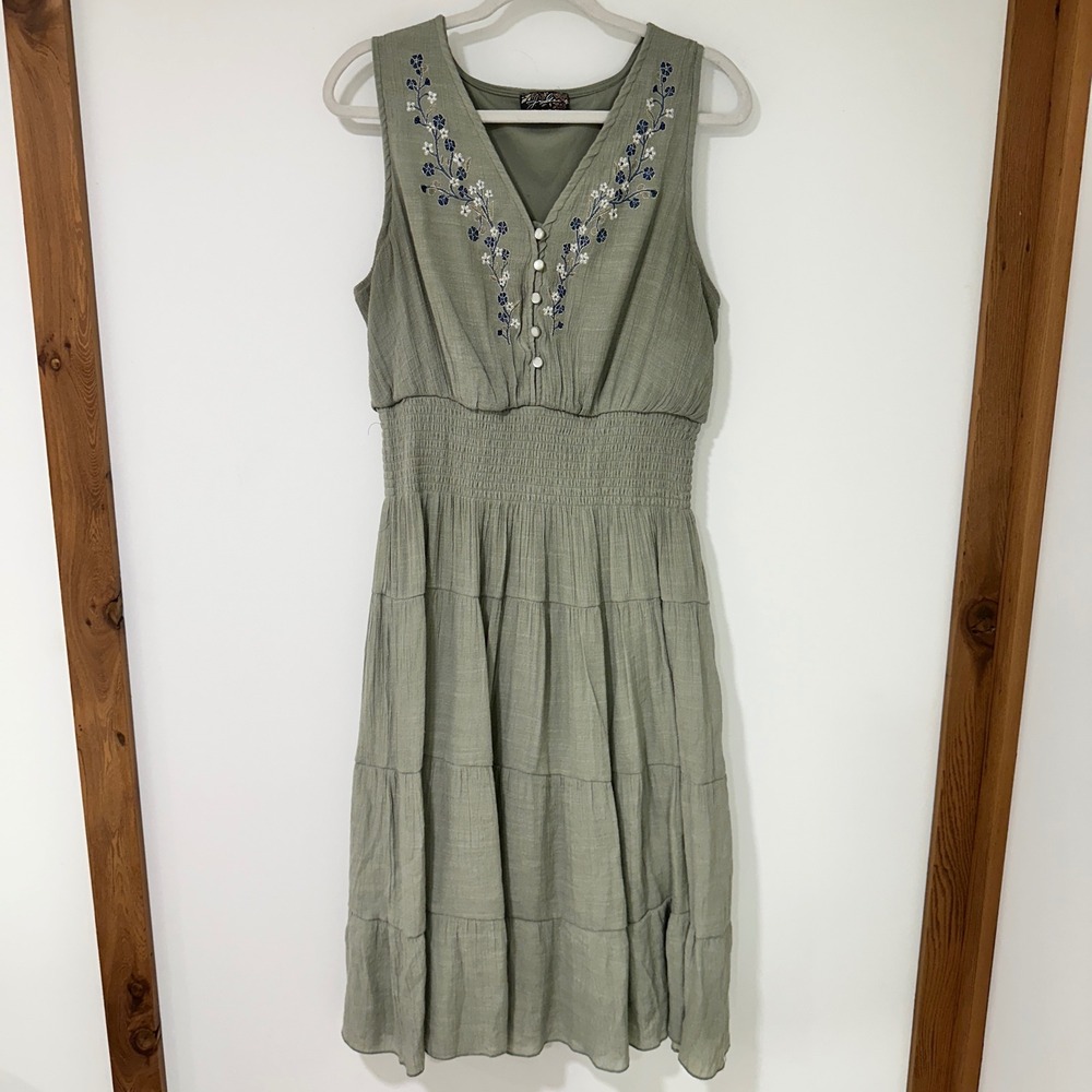 J. Glee Sage Green Embroidered Smocked Midi Dress Plus Size 2X Boho